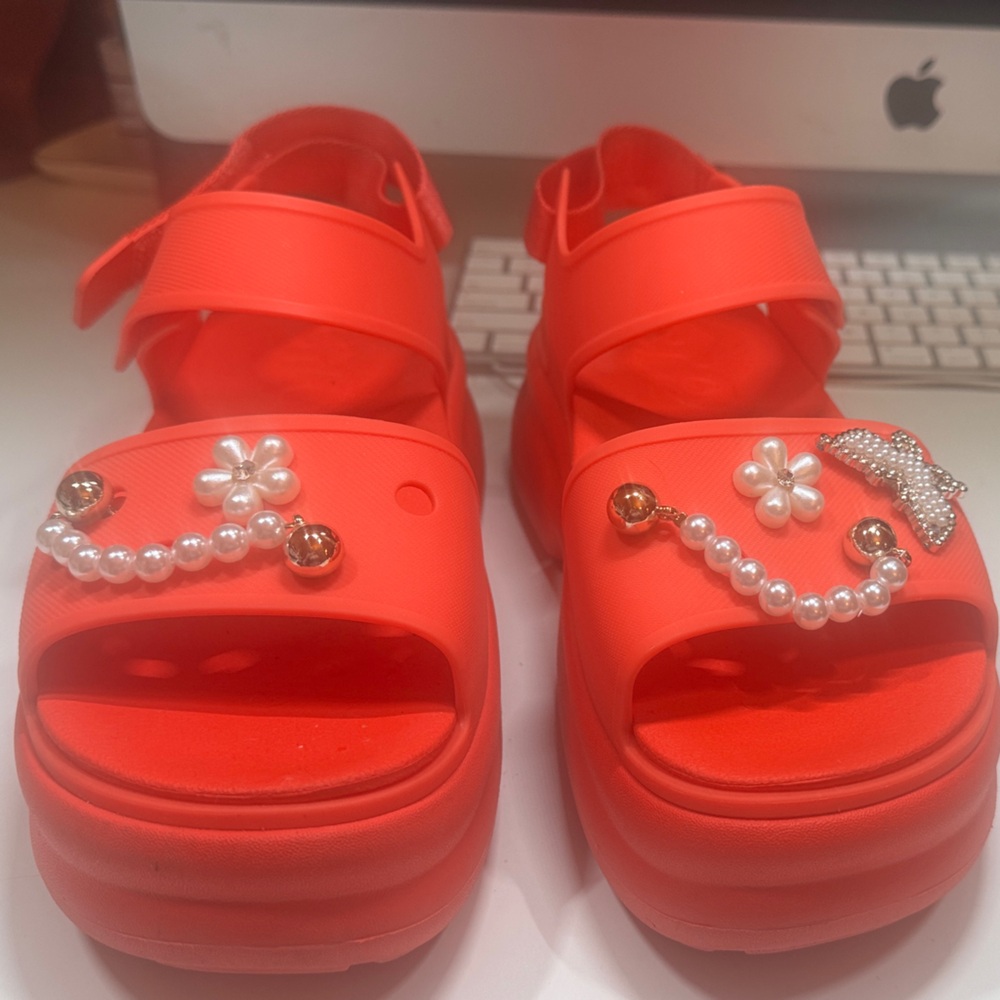 CROCS Women's Sandals in Bright Orange with Pearl and Gold Details